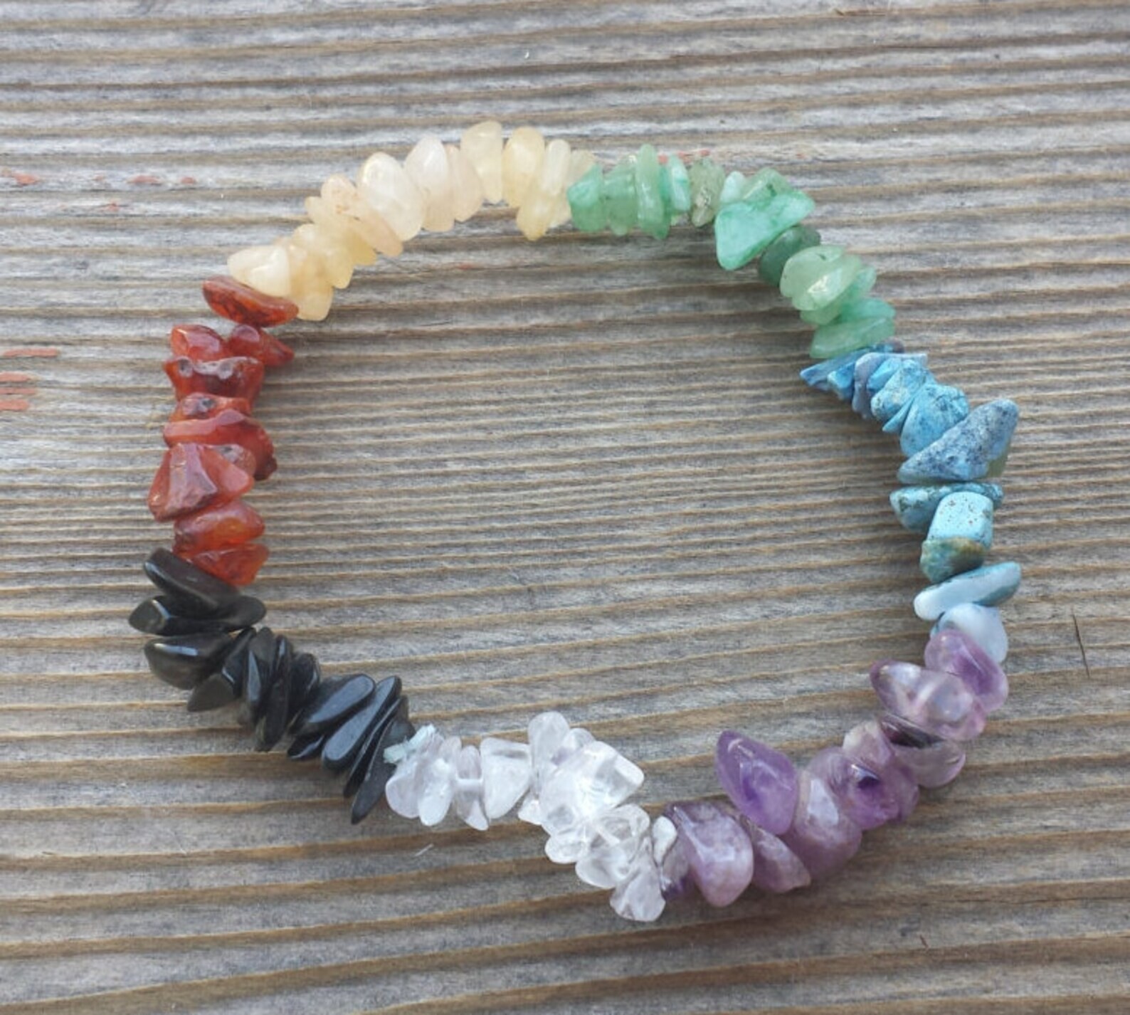 NATURAL 7 CHAKRA STONE GEMSTONE STRETCHY CHIP BRACELET
