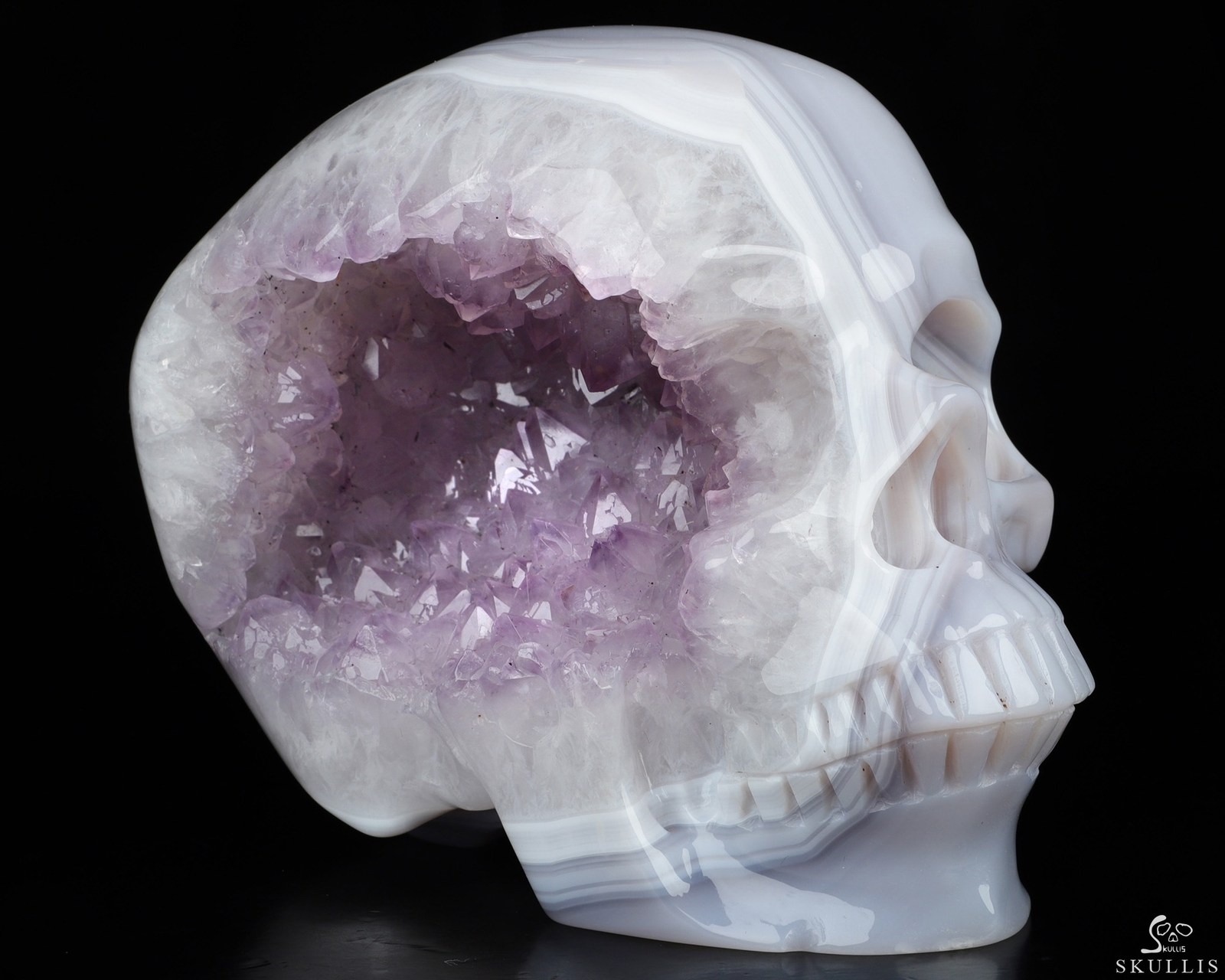 Super Realistic! Lifesized 7.0″ Agate Amethyst Geode Hand Carved Crystal Skull
