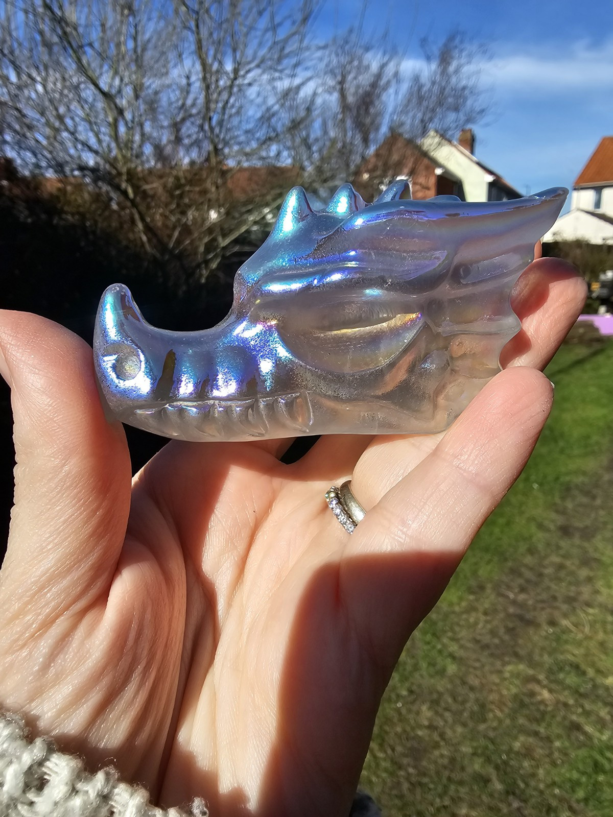 Angel Aura Clear Quartz Rainbow crystal Dragon Head Skull 160g 7.5x4x3.6cm