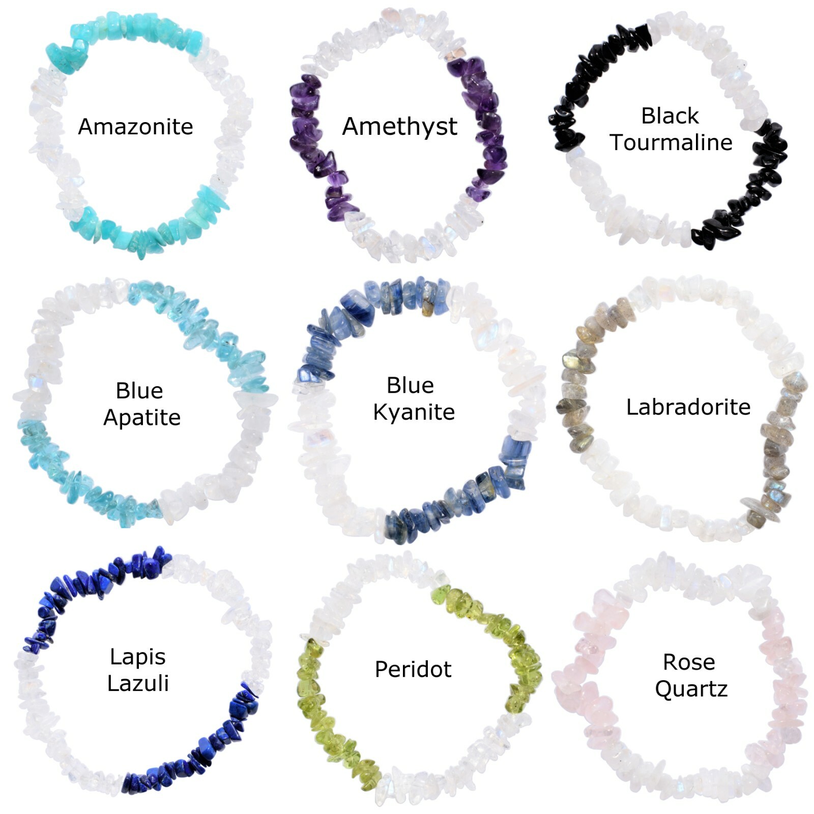 CHARGED Rainbow Moonstone Crystal Chip Combo Stretchy Bracelets – 9 Choices
