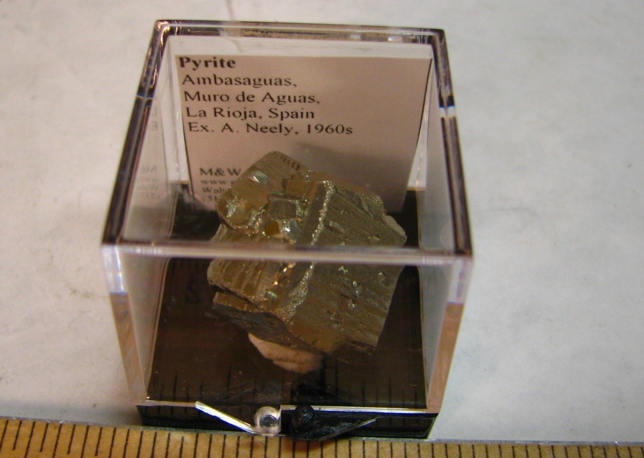 GOLDEN PYRITE THUMBNAIL IN CASE CUBIC MURO DE AGUQAS LA RIOGA SPAIN #159