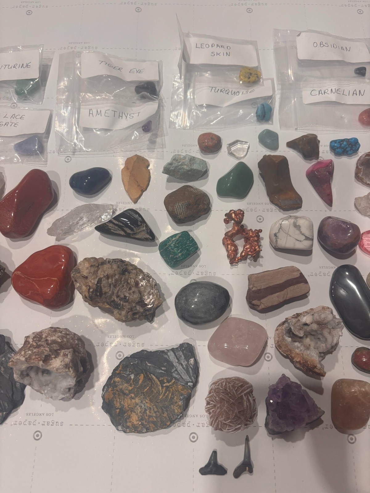 Gemstone Rocks Minerals Collection Shark Teeth Agate Amethyst Tiger Eye Lapis
