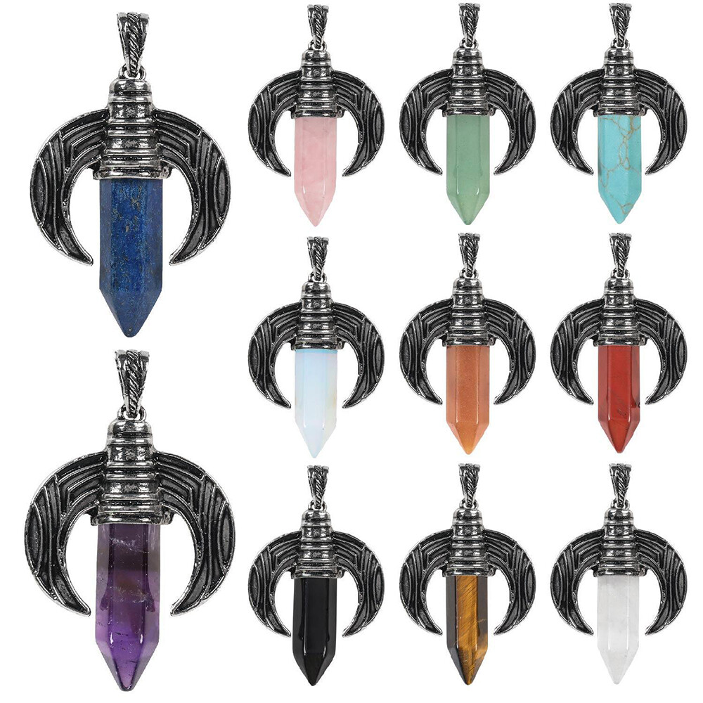 Natural Crystal Quartz Hexagon Crescent Moon OxHorn Pendant Cowhorn Men Jewelry
