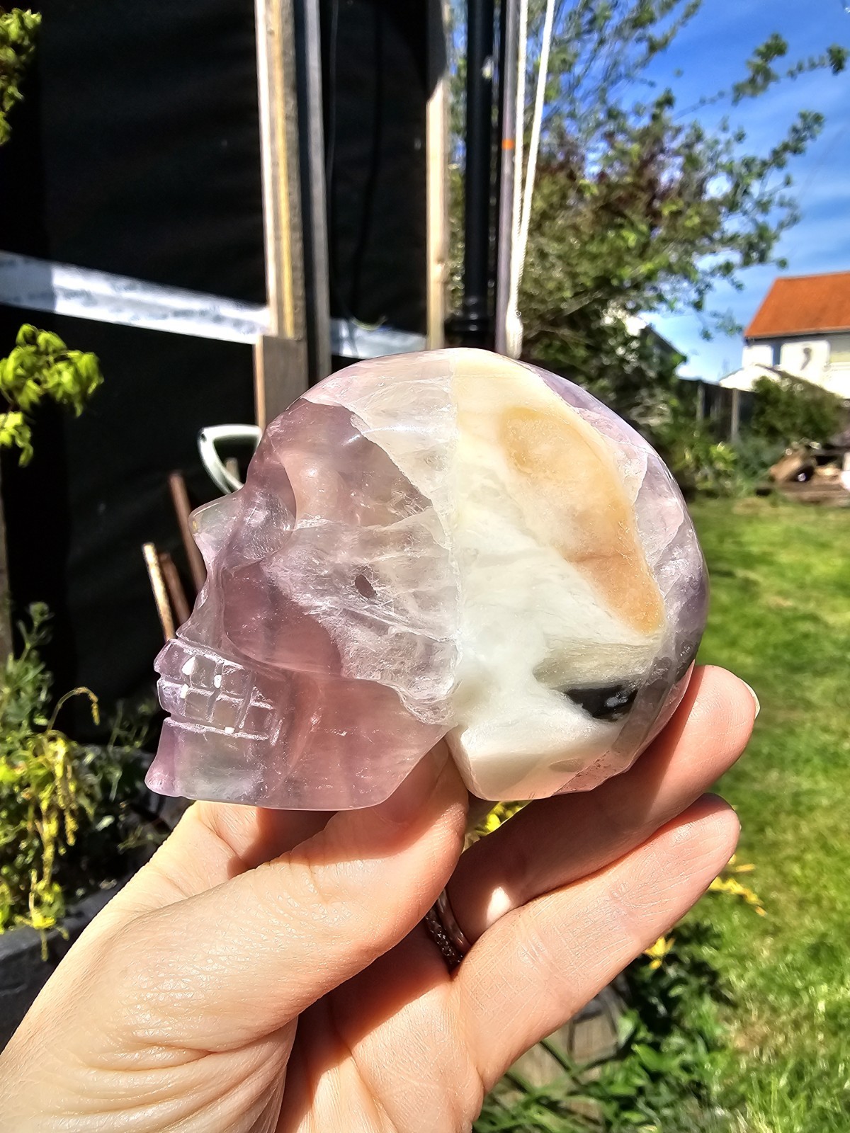 Rainbow Fluorite Skull Crystal Carving 380g Purple 5.6 x6.4 x4.7cm