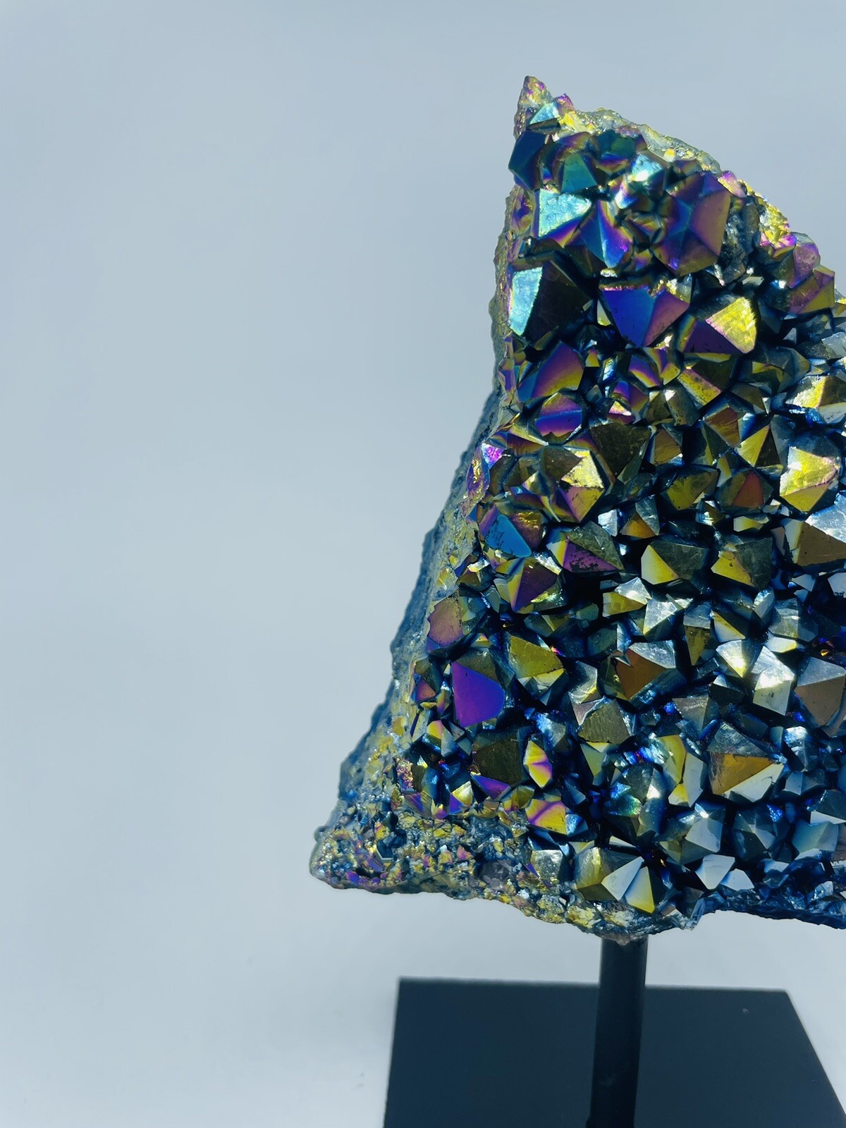 Colorful Rainbow Aura Titanium Quartz Crystal Bismuth cluster On Metal Stand