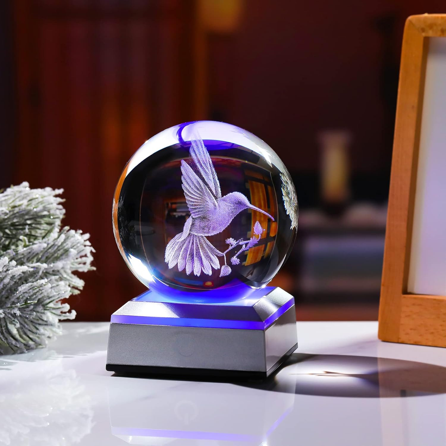 Crystal Ball 3D Engraved Hummingbird with LED Colorful Base, 3.15″ Glass Sphere