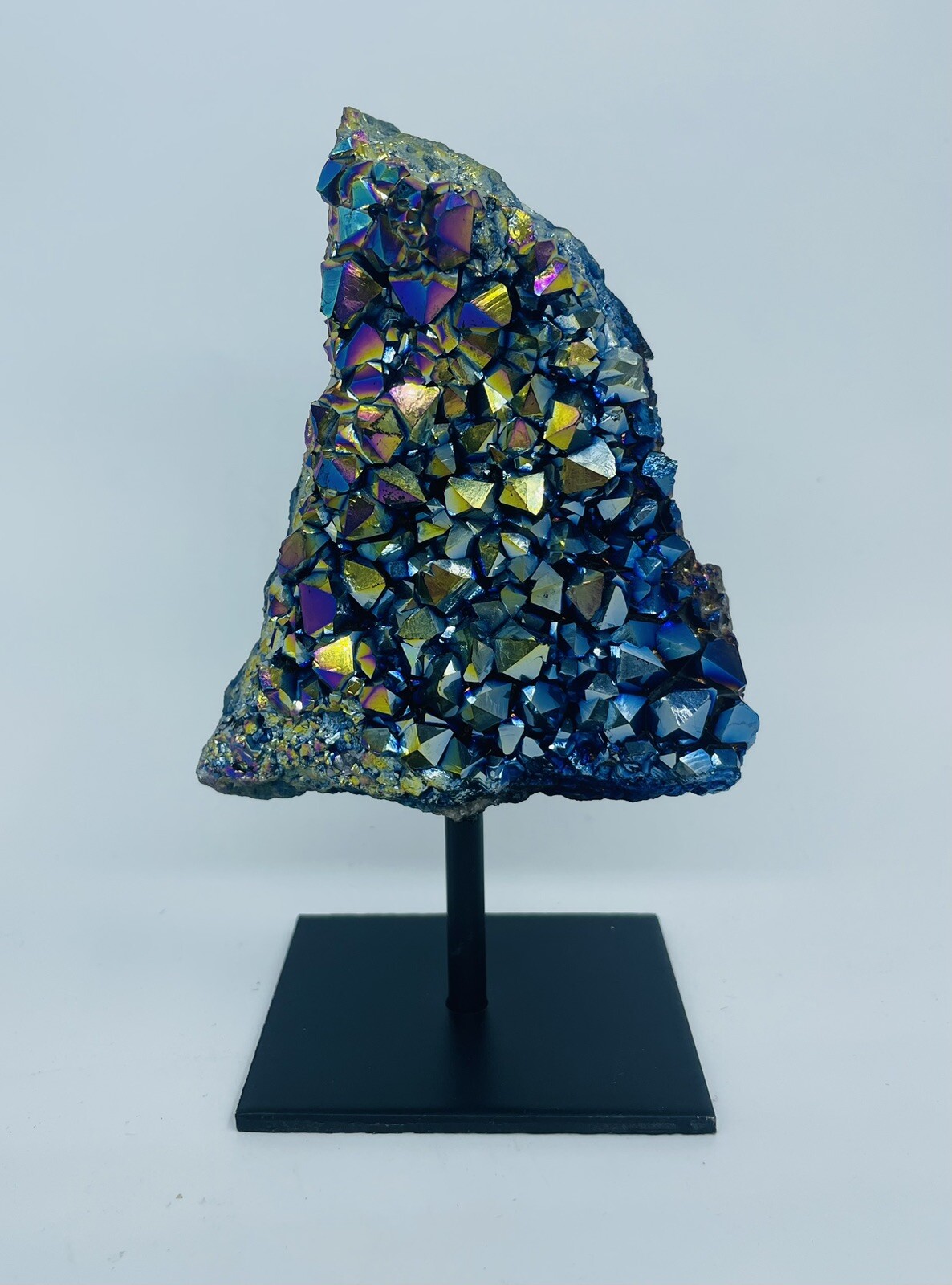 Colorful Rainbow Aura Titanium Quartz Crystal Bismuth cluster On Metal Stand