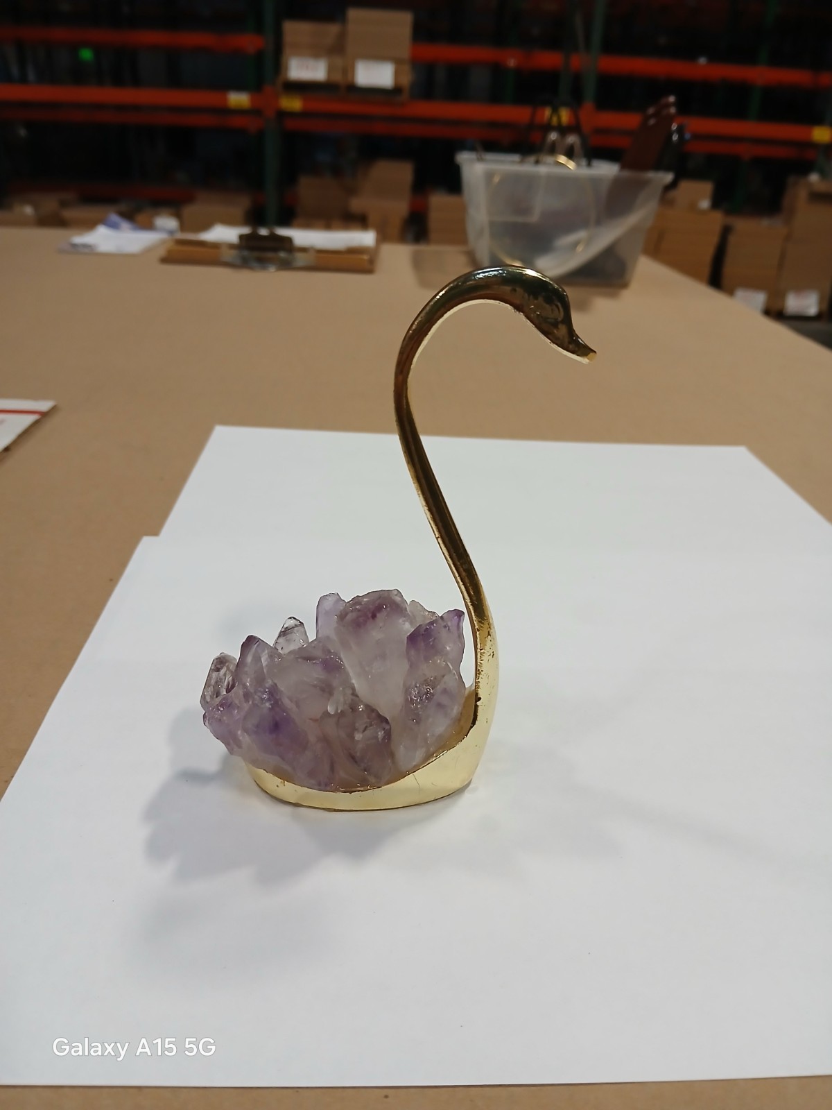 Natural Amethyst Crystal Cluster Gold-toned Zinc-alloy Swan Decor…