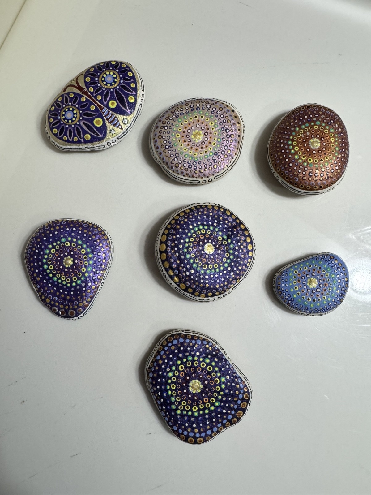 7 Mandala Stones Dot Artwork Rocks Meditation Butterfly Multicolor Hand Painted