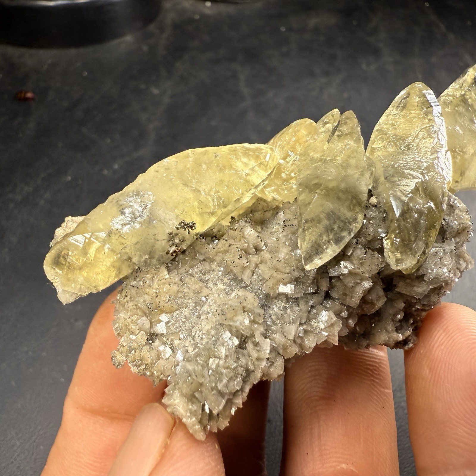 Golden Calcite Crystals on Chalcopyrite Dolomite Pyrite Matrix / Missouri