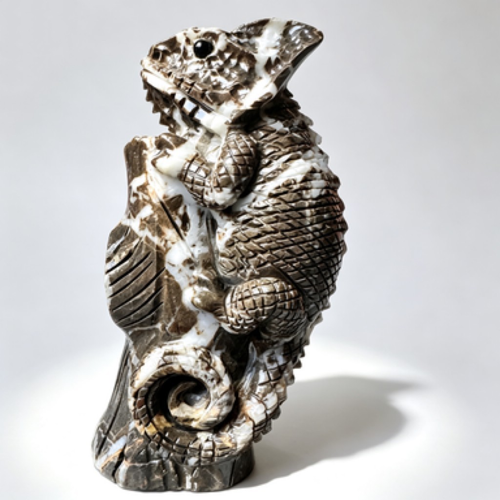 Hand Carved Natural Chocolate Stone Chameleon Figurine, Collectible Desk Decor