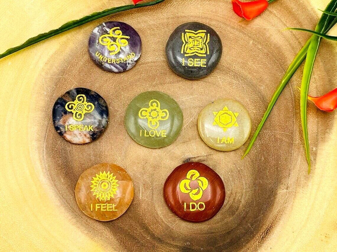 7 Chakra Round Palm Smooth Stone Set Engraved Affirmation Symbols, Velvet Pouch