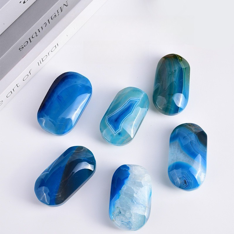 80~120g Natural Blue Banded Agate Palm Stone Healing Crystal Worry Stone 1PCS