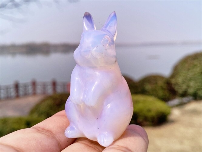 2″ Hand Carved Pink opalite Rabbit Reiki Quartz Crystal Skull Figurines decor 1x