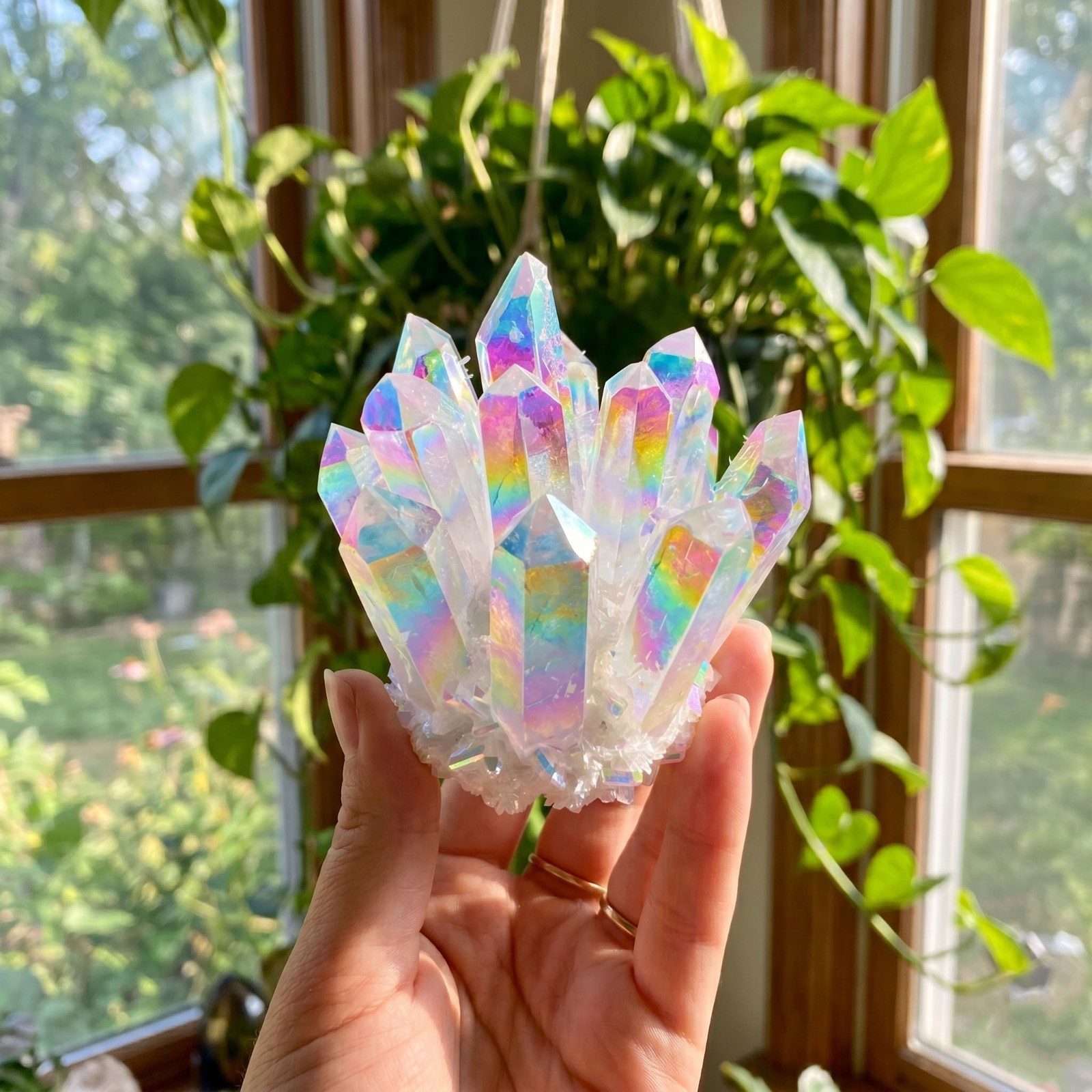 Rainbow Aura Quartz Crystal Cluster Titanium Mineral Specimen Healing Geode