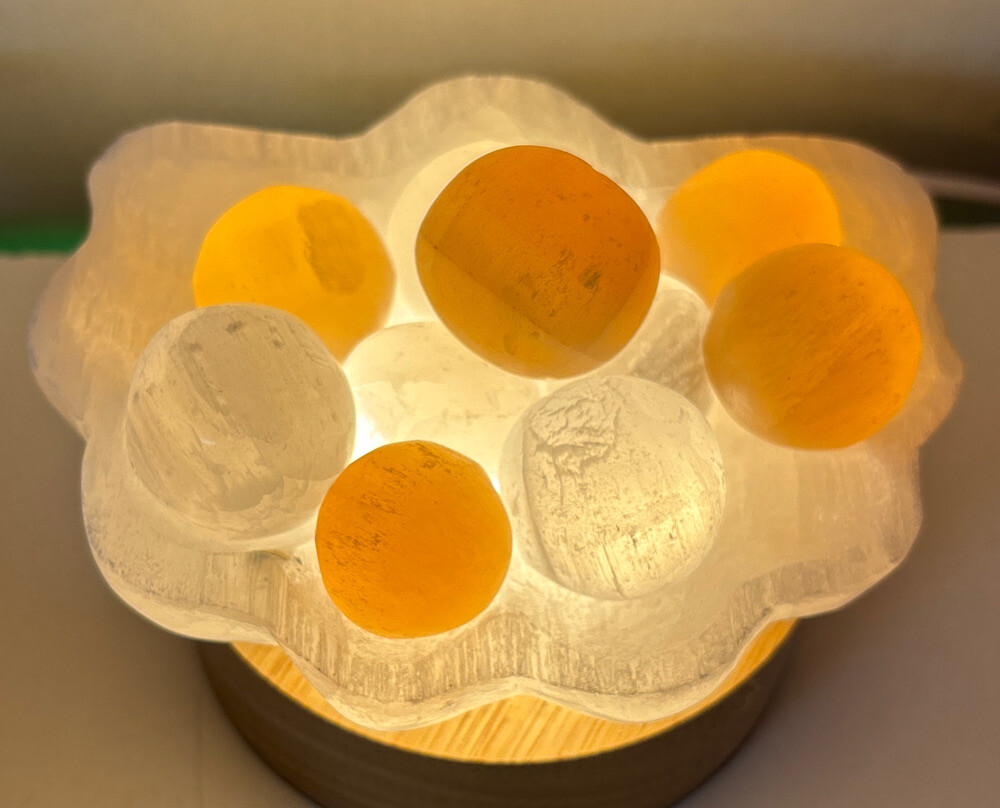Selenite seashell and pearl lamp