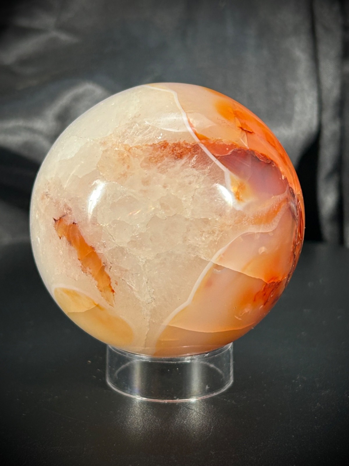 2.6″ Carnelian And Quartz Sphere With Acrylic Stand 14.3oz (405 grams)