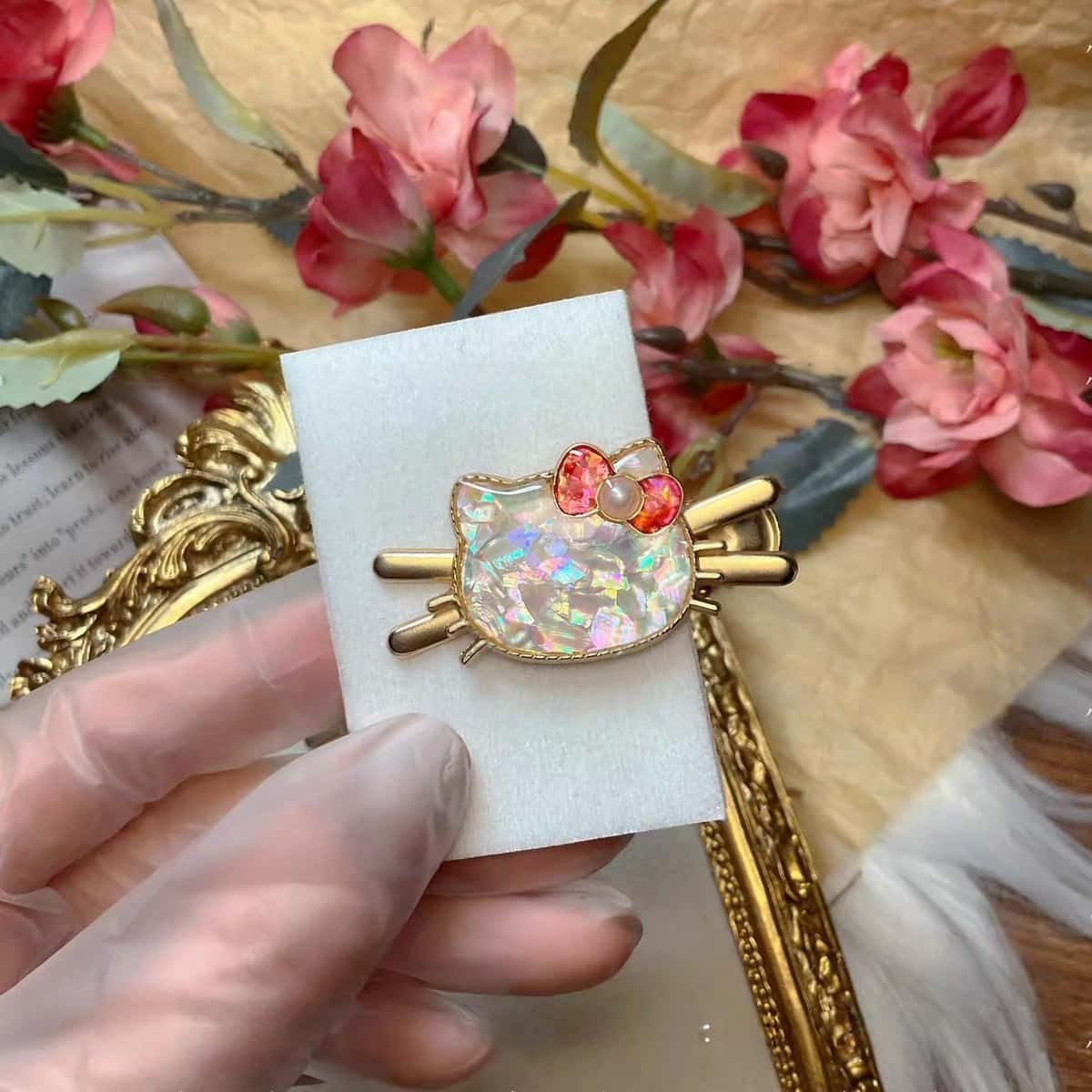 1PC Bow Cat Head Hair Clip with Mother-of-Pearl | 60x30mm Handmade Alloy