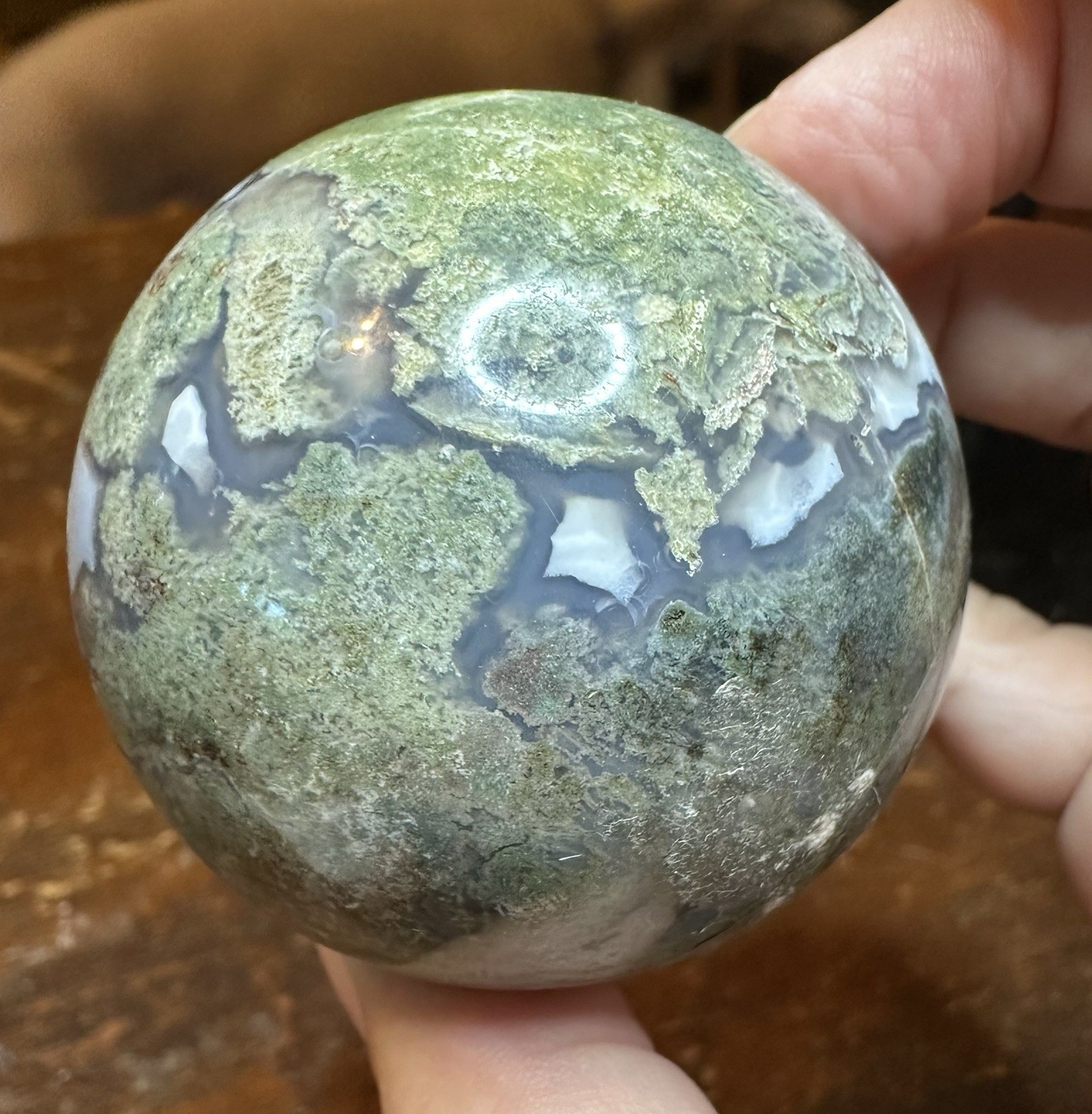 Green Moss Agate Sphere With Druzy And Butterfly Stand Free Shipping
