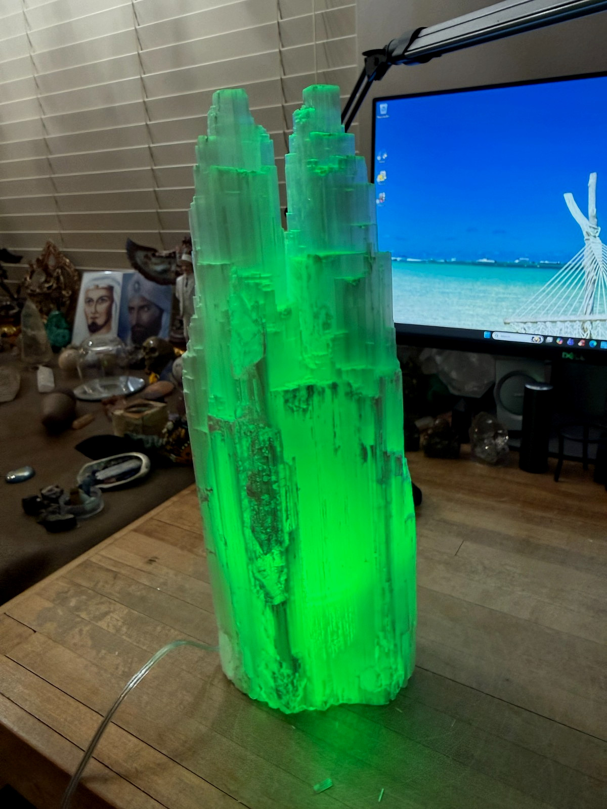 Selenite Crystal Mineral Gemstone DBL Tower Hand Carved Lamp Specimen 333