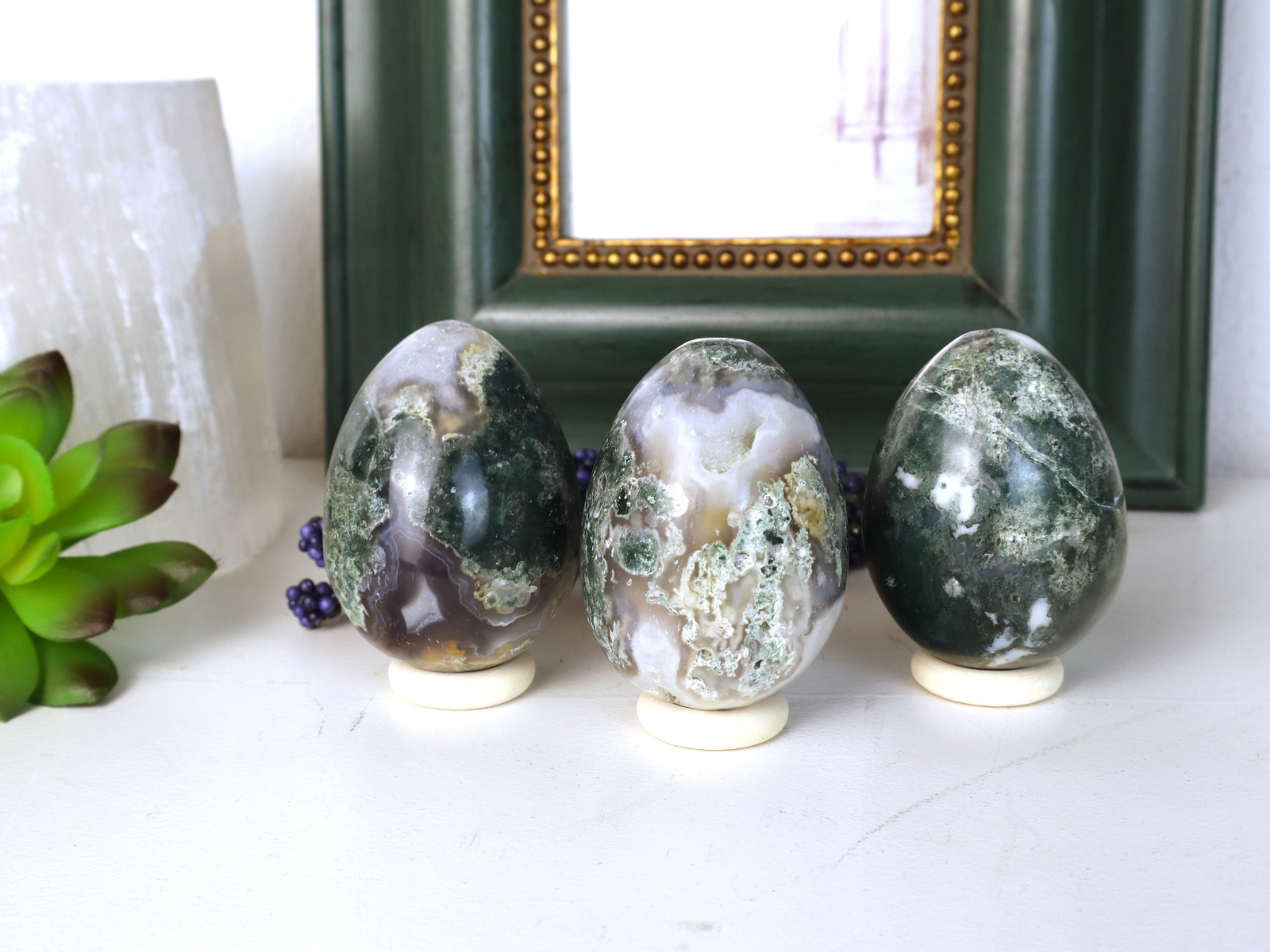 Moss Agate Egg 2.25 x 1.75 x 1.75 inches; 4.97 Ounces