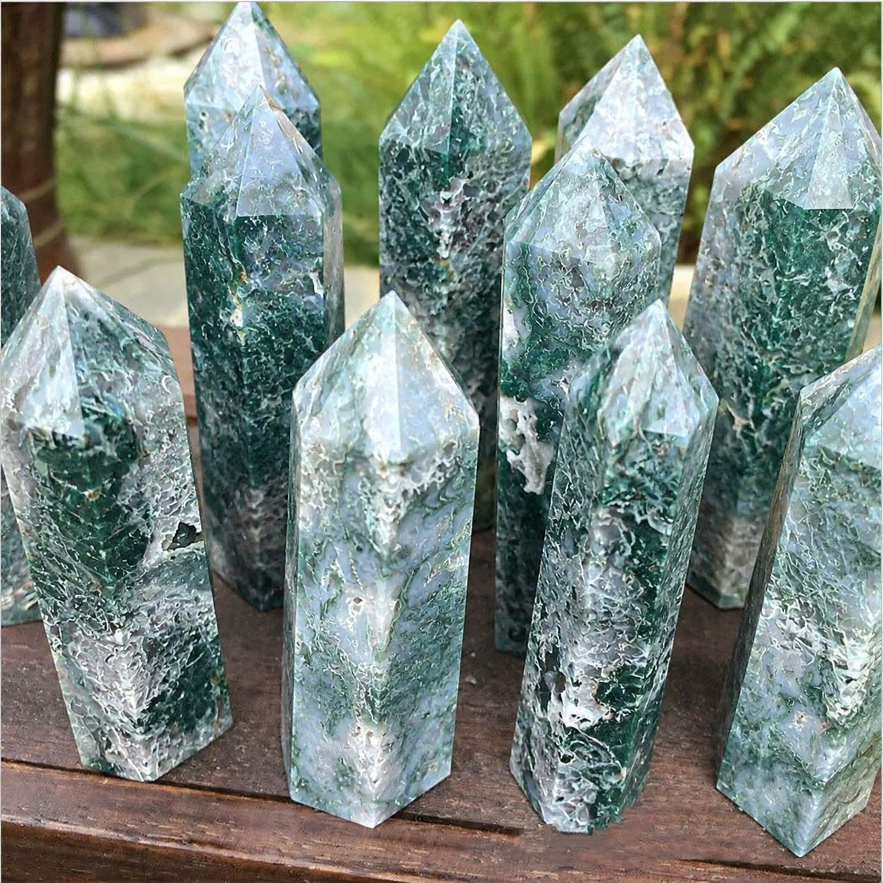 Natural Moss Agate Crystal Wand Witchy Spiritual Garden Energy Stone Tower Gift