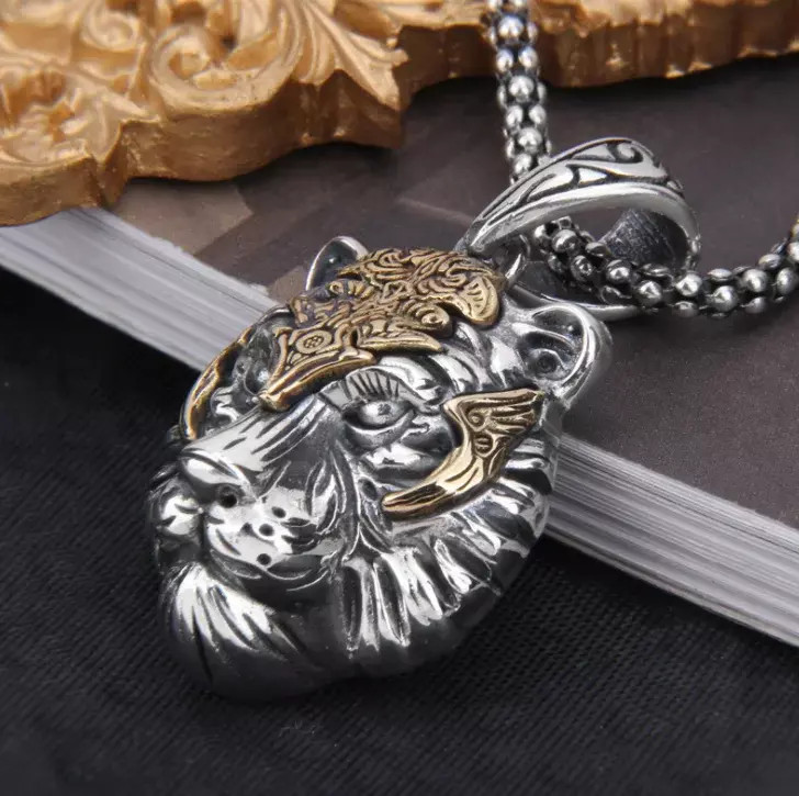 Men’s Fashion Jewelry Silver Tiger Head Pendant Necklace 1PC