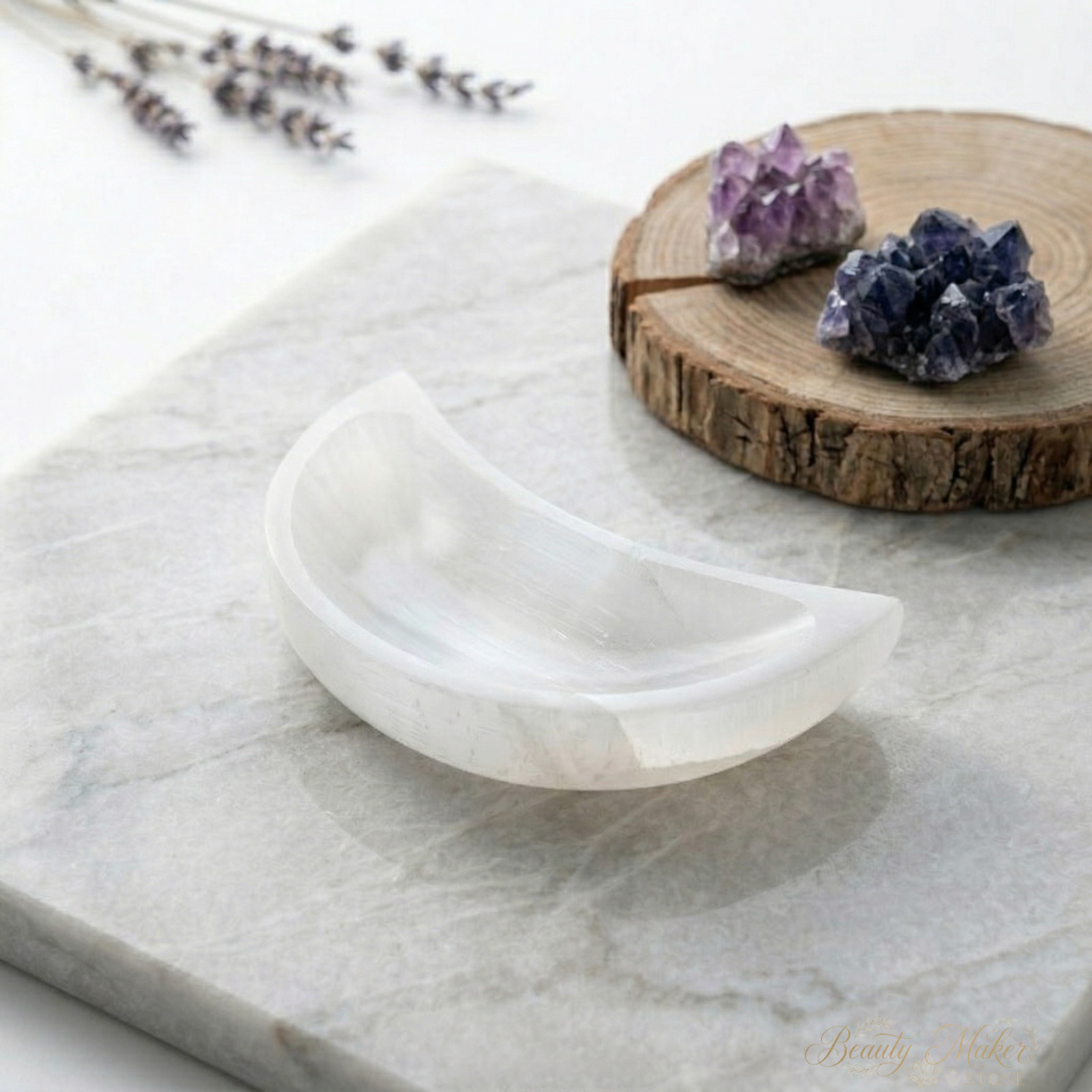 Selenite Crystal Moon Bowl Cleansing Tray White Stone Dish Spiritual Altar Decor