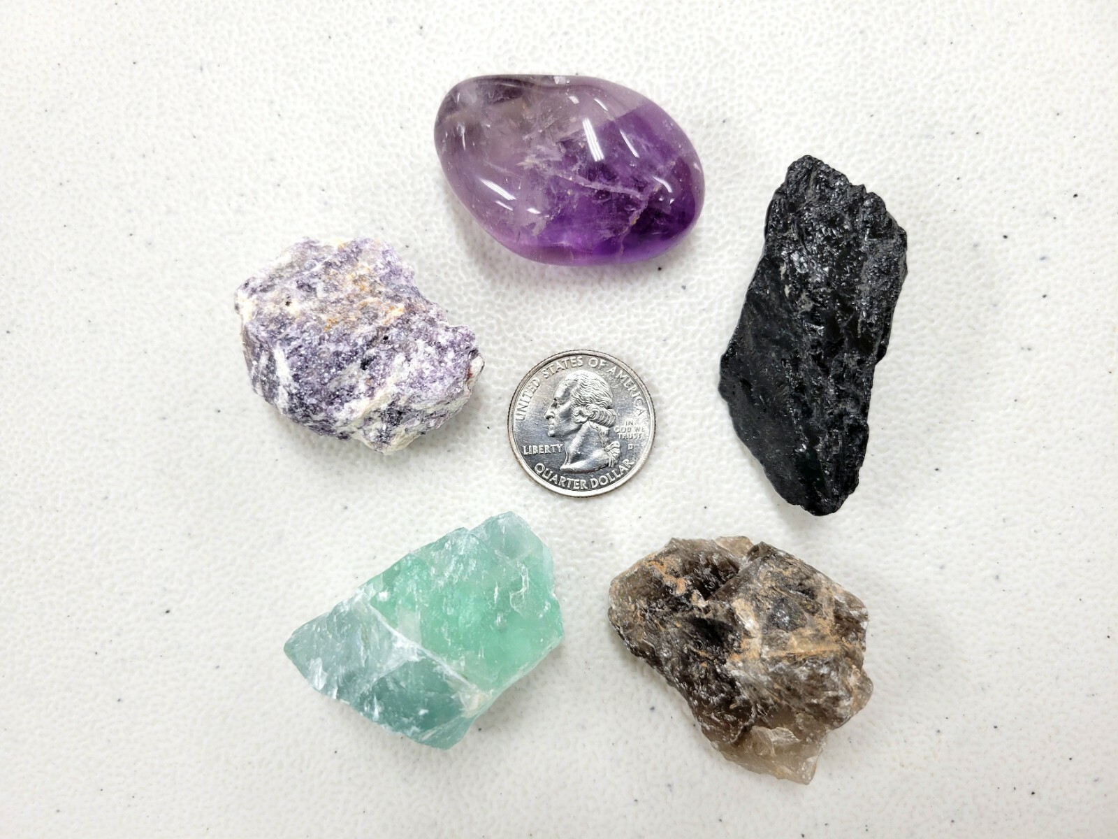 Crystal Set for Empaths, Tourmaline Amethyst Lepidolite Smoky Quartz Fluorite