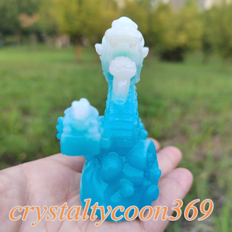 4″ Resin Chinese Dragon Decoration Blue Luminous Stone Statues Skull Gift 1pc