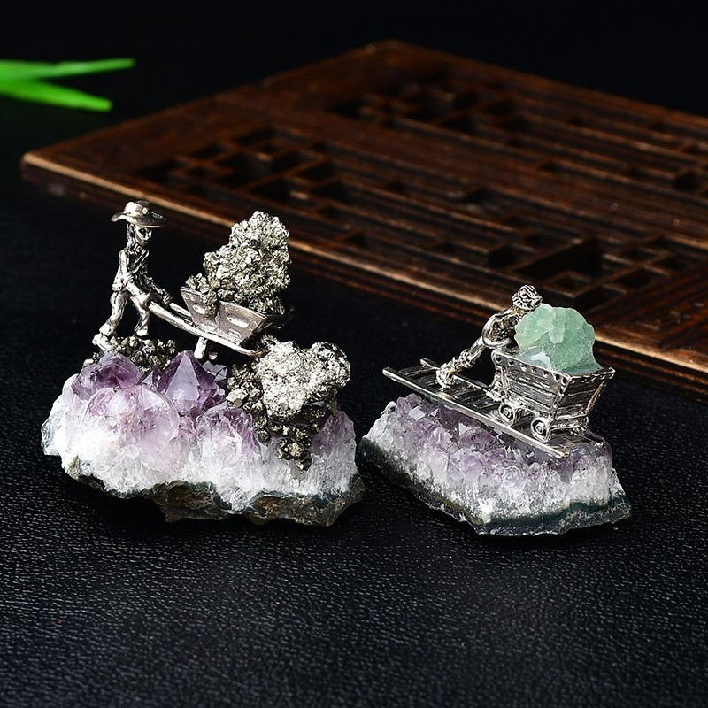 Natural Amethyst Cluster with Alloy Miner Figurine Home Decor Ornament 1PCS