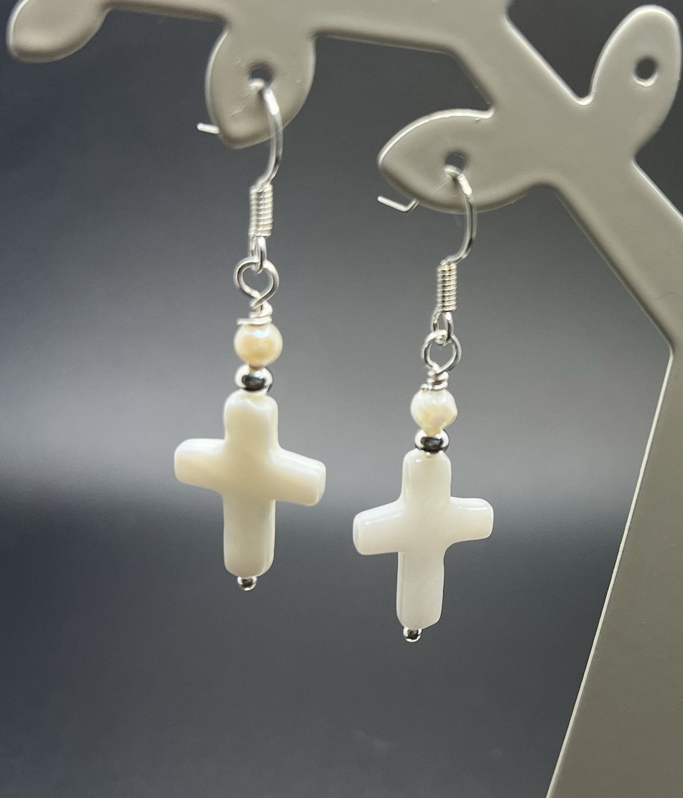 Genuine Cross Shaped Shell & Freshwater Pearl Handmade Earrings