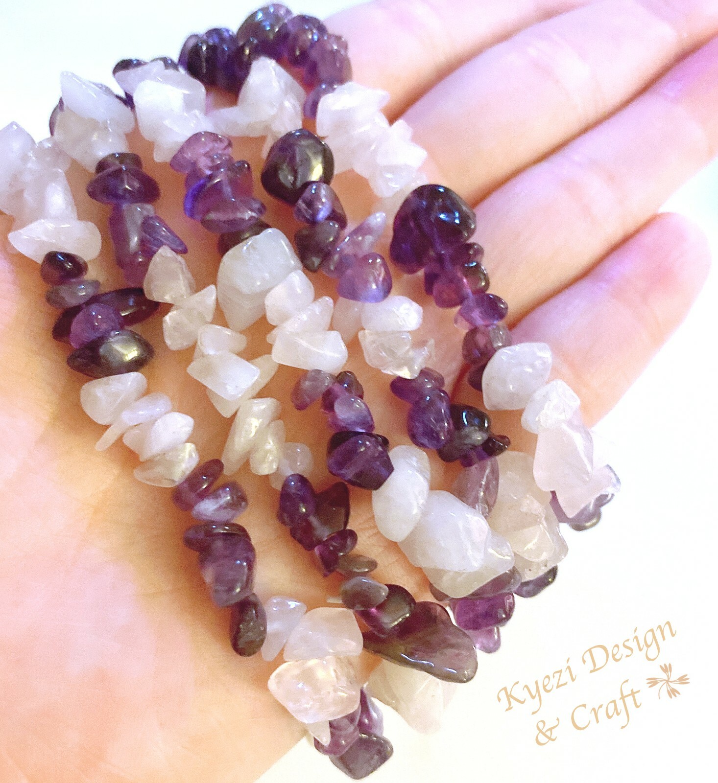 Amethyst and Rose Quartz Natural Crystal Gemstone Chip Stretchy Jewelry Bracelet