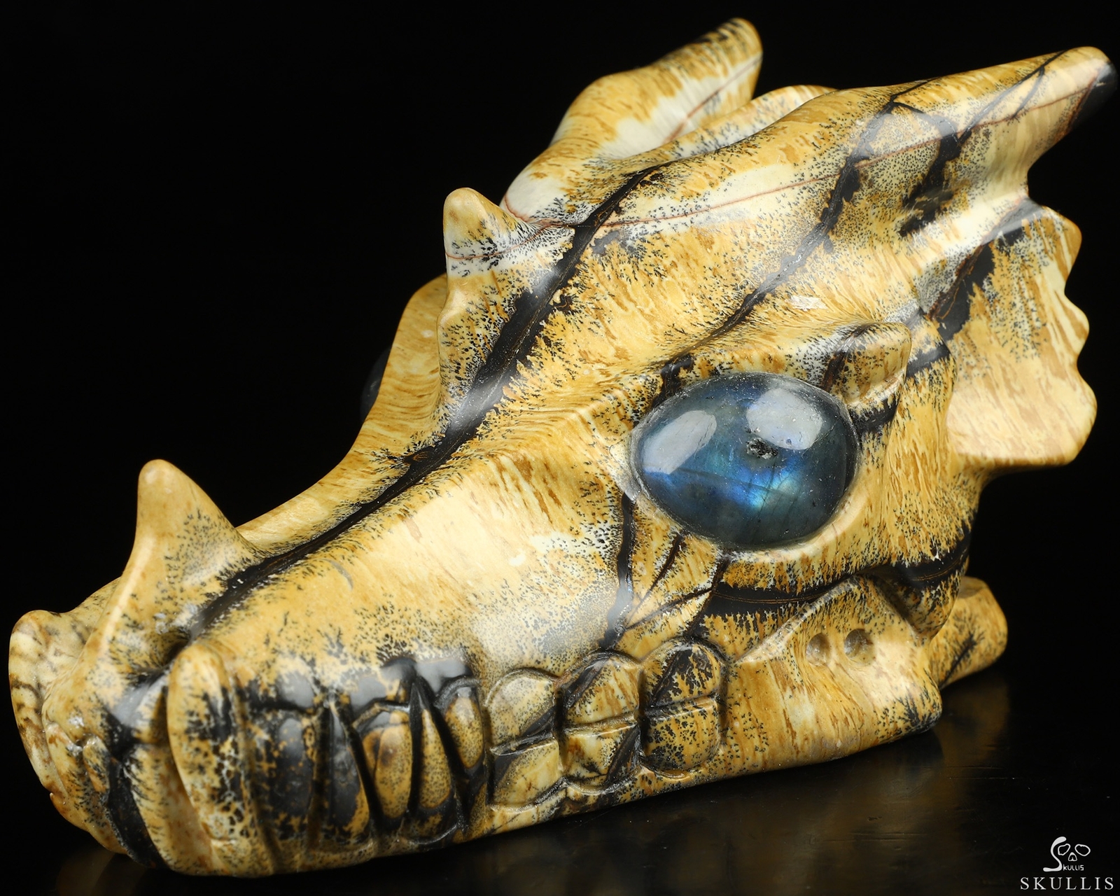 5.1″ Chinese Painting Stone Carved Crystal Dragon Skull with Labradorite Eyes