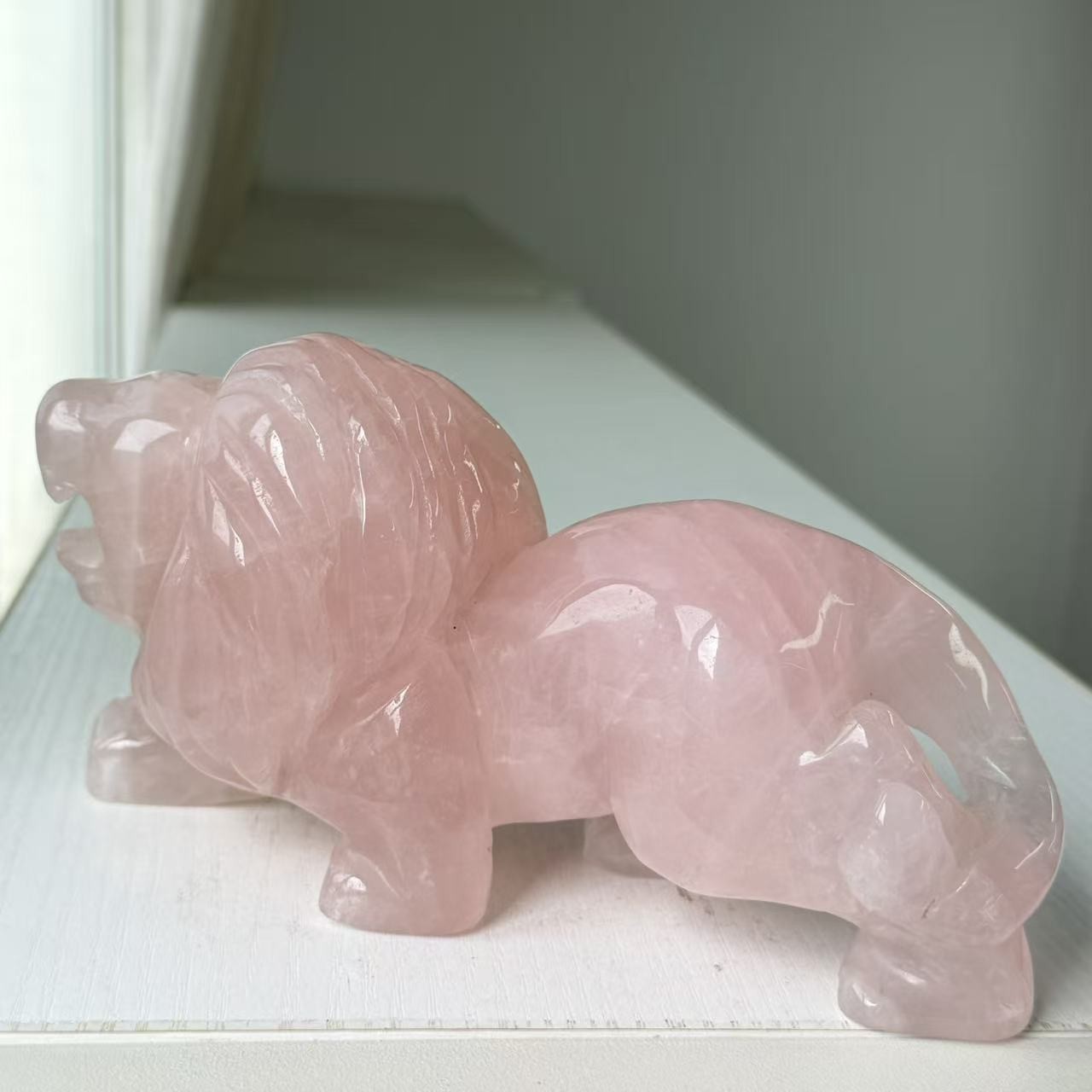 3.74LB Large Natural Rose Quartz Lion Statue Crystal Carving Home Decor FengShui
