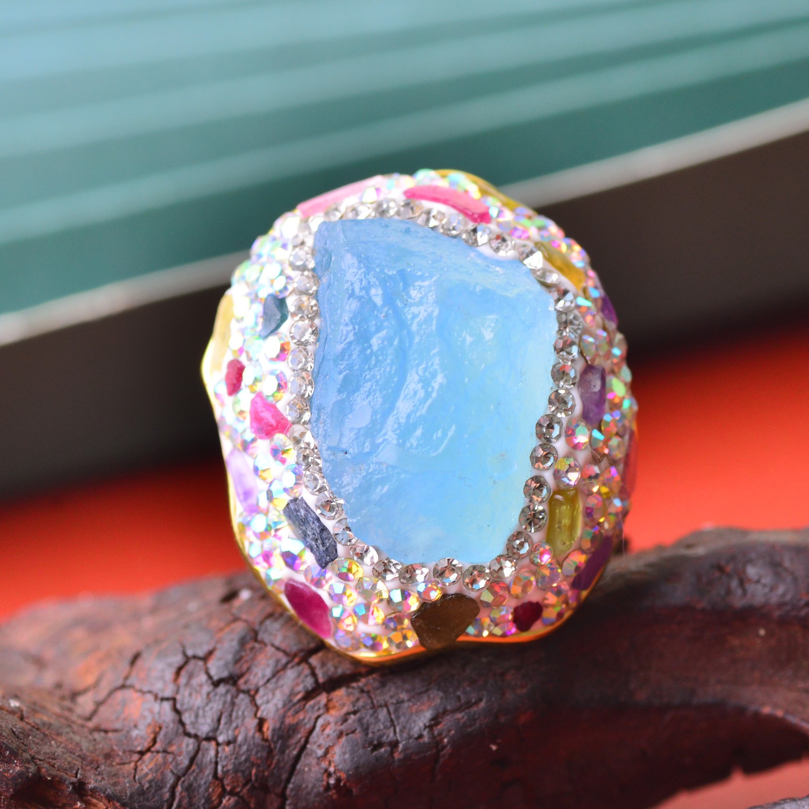 Aquamarine ring, alloy inlaid with handmade gemstone jewelry Energy Crystal