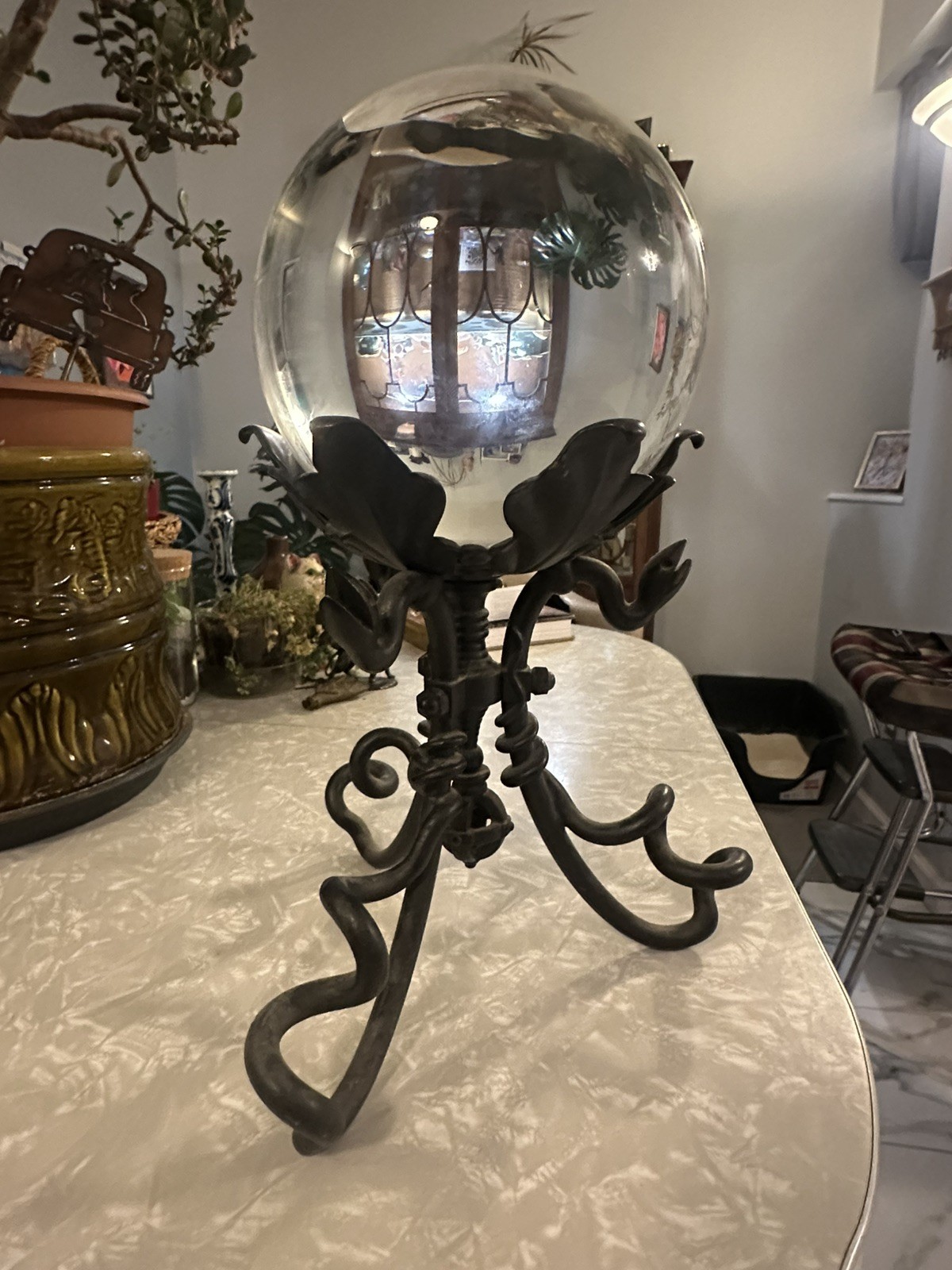 Large Victorian / Art Nouveau Crystal Ball Clear Sphere & Iron Snake Stand