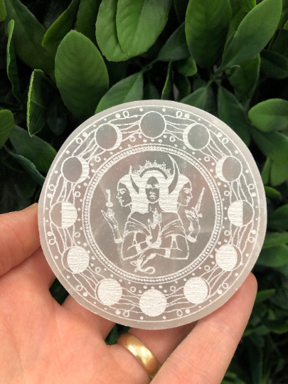 Etched Hecate Selenite Charging Plate – many sizes/shapes, hekate design 3