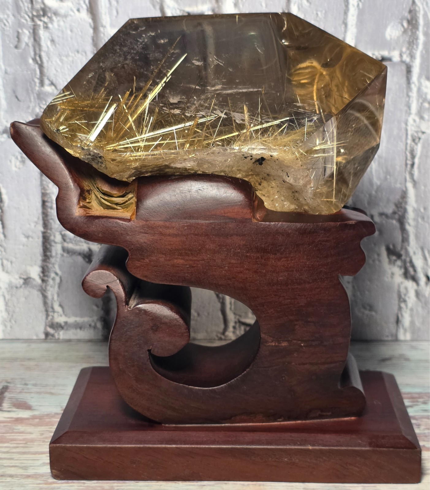 Museum Grade Golden Rutilated Quartz Freeform Rainbow Crystal w/ Carved Stand