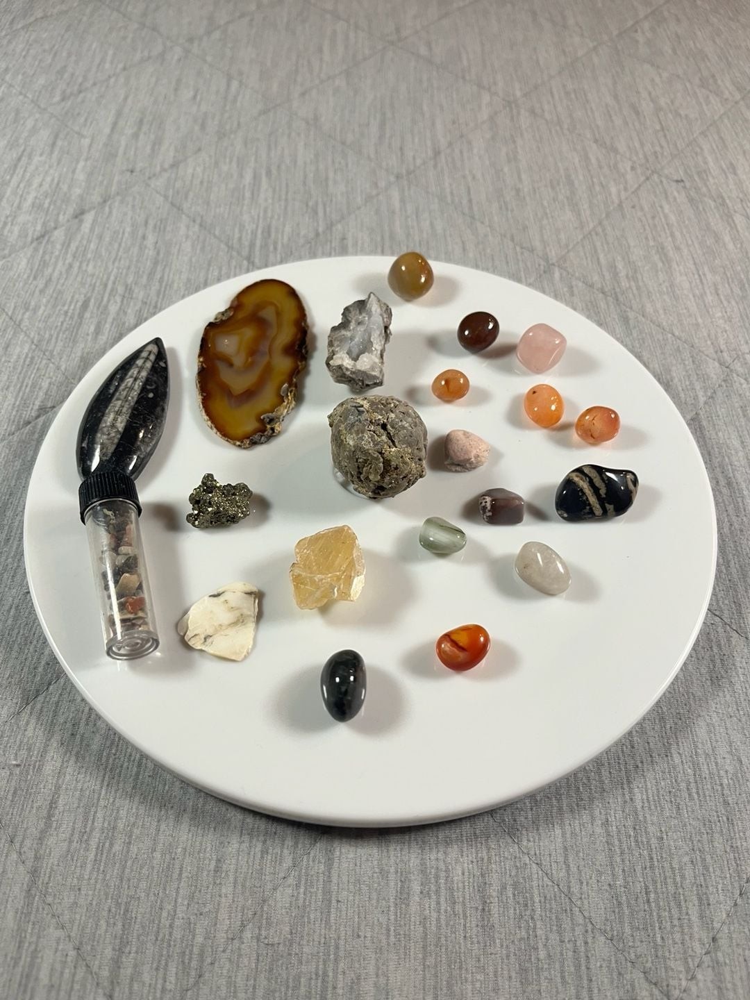 Mixed Mineral and Fossil Collection with Agate Slice, Orthoceras, Pyrite, and Tu