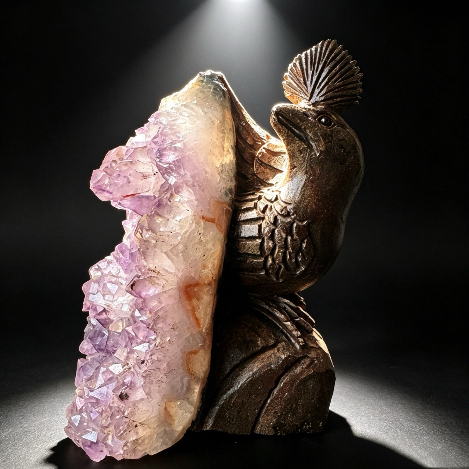 Hand Carved Natural Amethyst Bird Sculpture Songbird Figurine Desk Decor Art