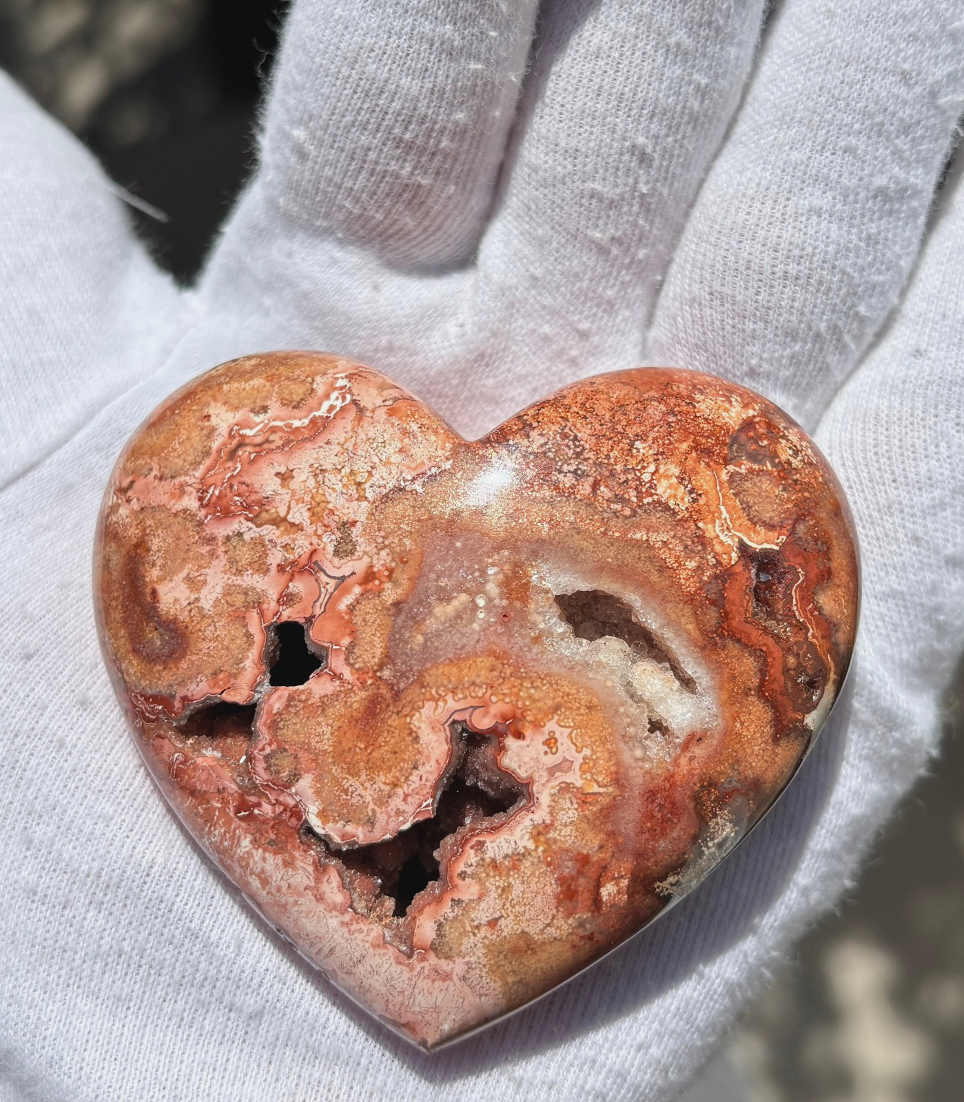 USA SALE 112g 2.6″ RED CRAZY LACE AGATE HEART PALMSTONE PALM STONE DRUZY VUG