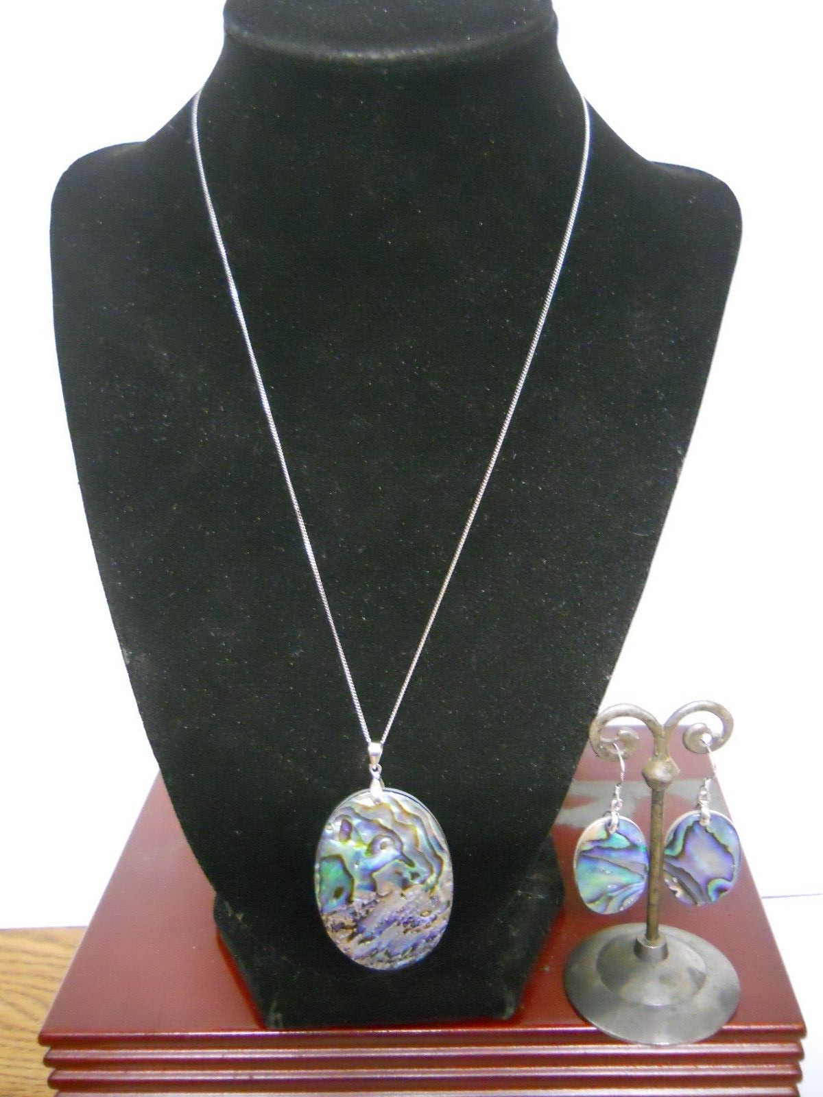 18″ Sterling Silver Necklace Authentic Abalone Shell & Earrings Jewelry Set #682
