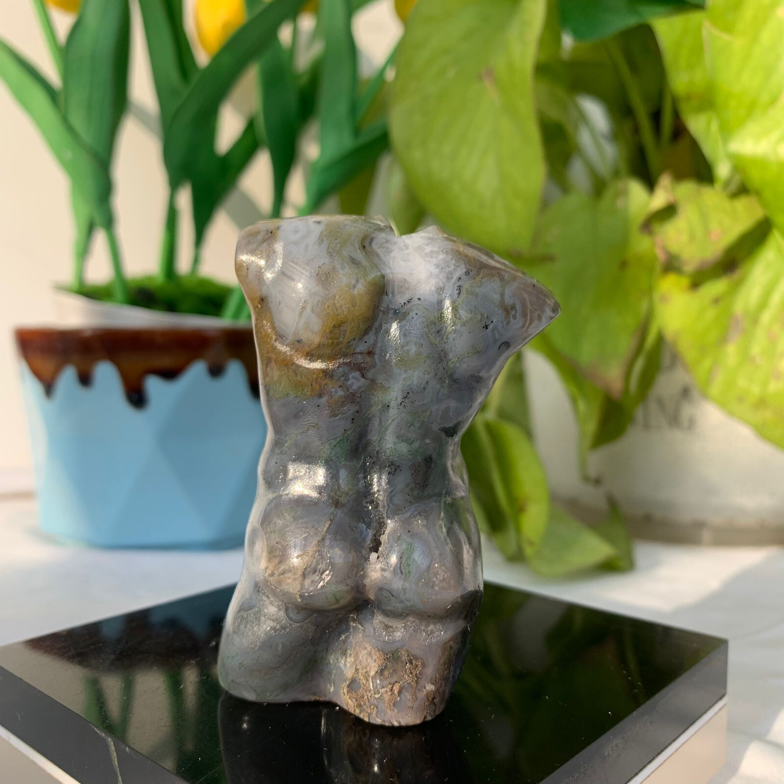 138g Moss Agate Stone Male Body Model Carving Quartz Crystal Specimen Gift