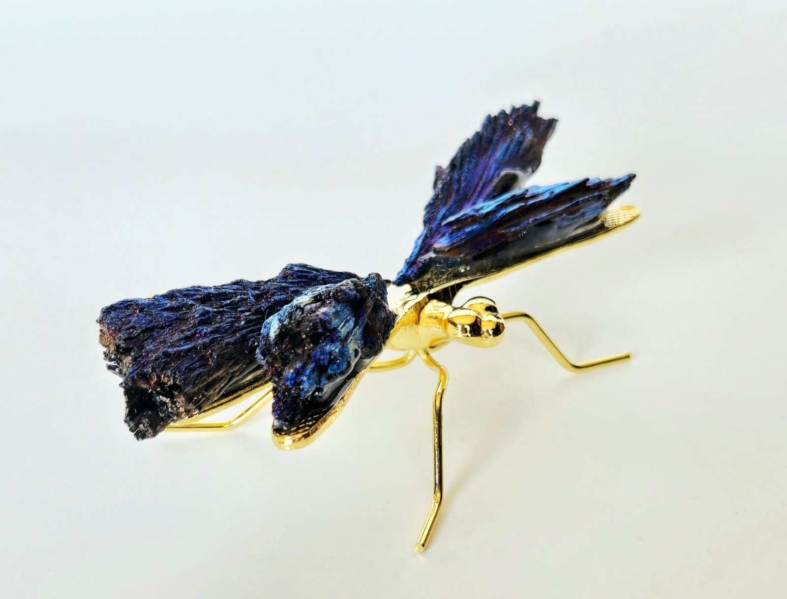 Titanium Kyanite Mineral Dragonfly. Iridescent Blue, Purple Metal and Stone.