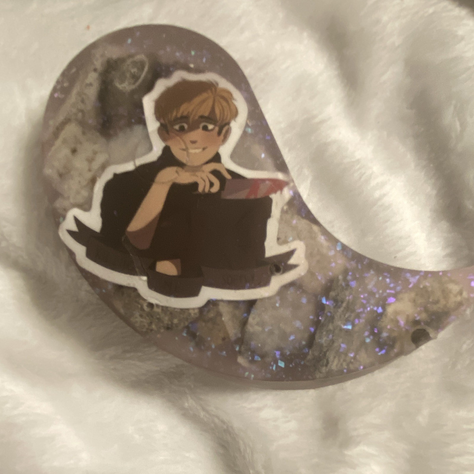 Moon Shaped Resin Crystal-Style Decorative Piece w/ Glitter & Anime Sticker