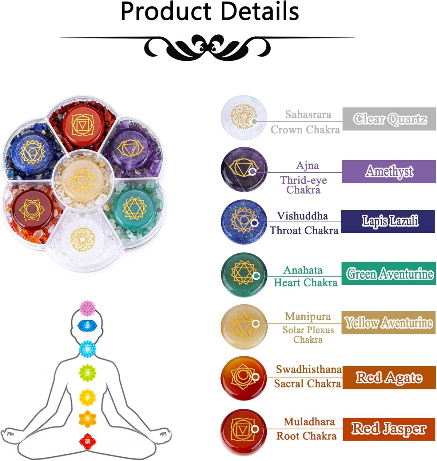 7 Chakra Crystal Stones Set Engraved Symbols Tumbled Polished Reiki Wicca Gift