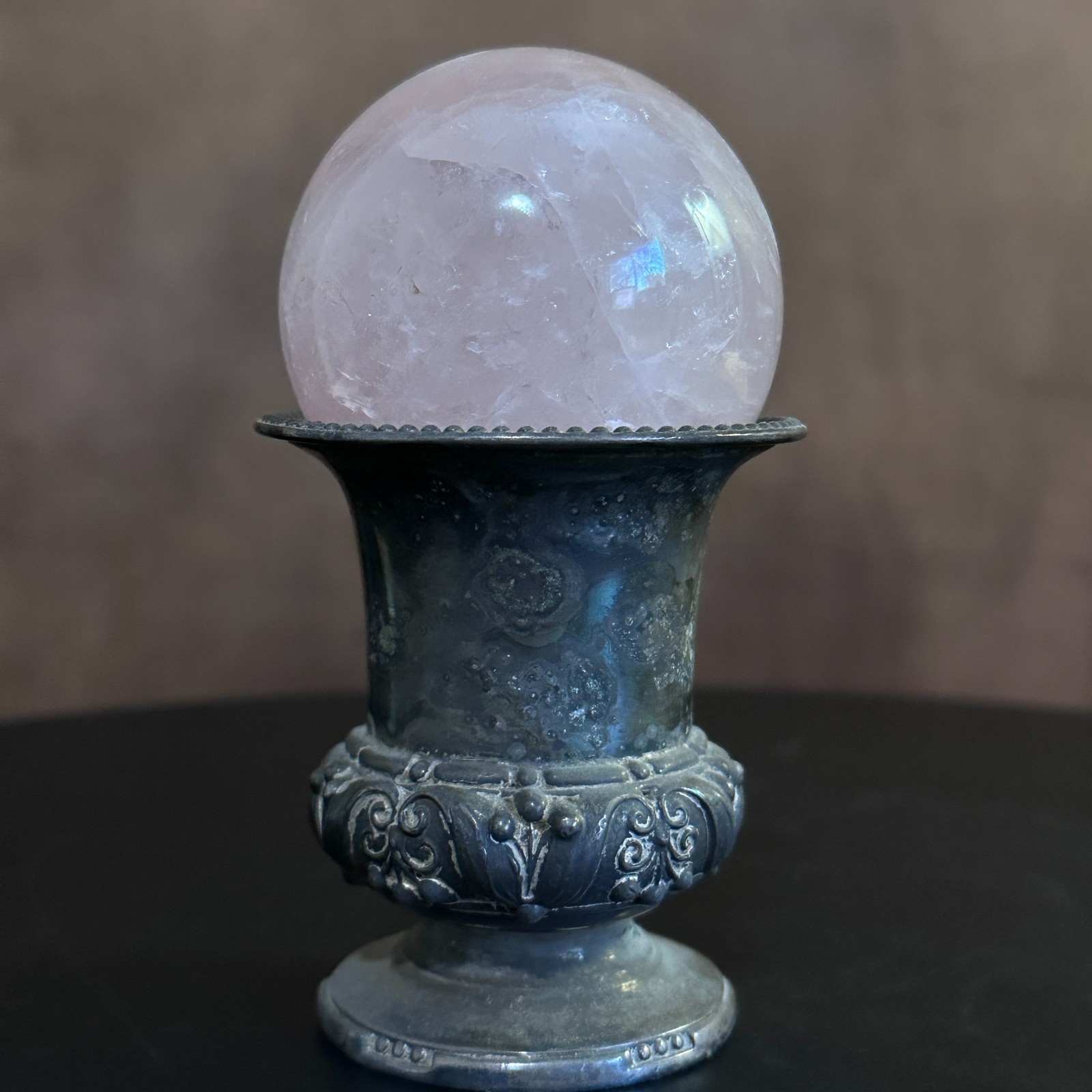 Rose Quartz Sphere with Vintage Brass Holder – 60mm Crystal Valentine’s Day
