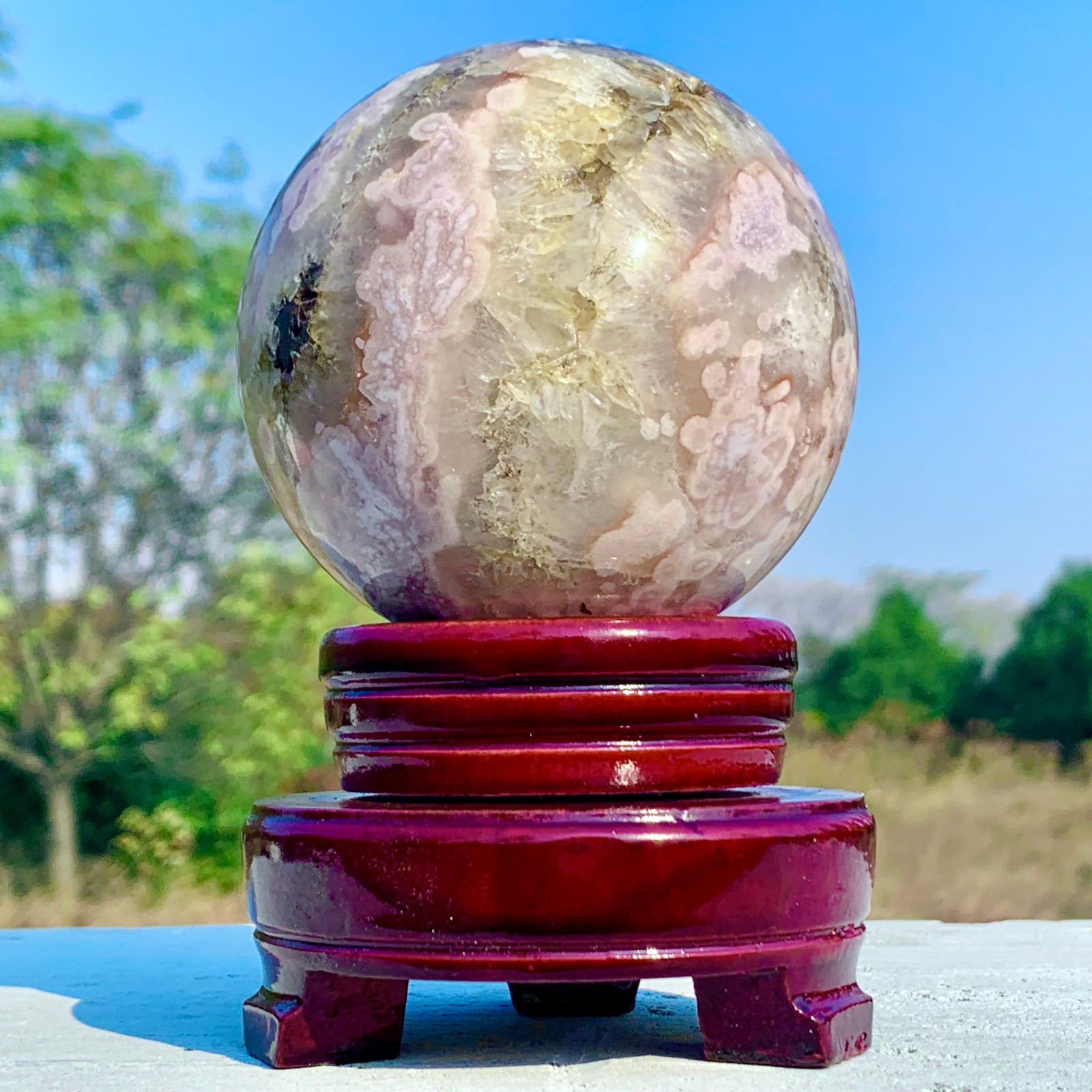 1.92LB Natural Pink Cherry Blossom Agate Geode Quartz Sphere Crystal Energy Ball