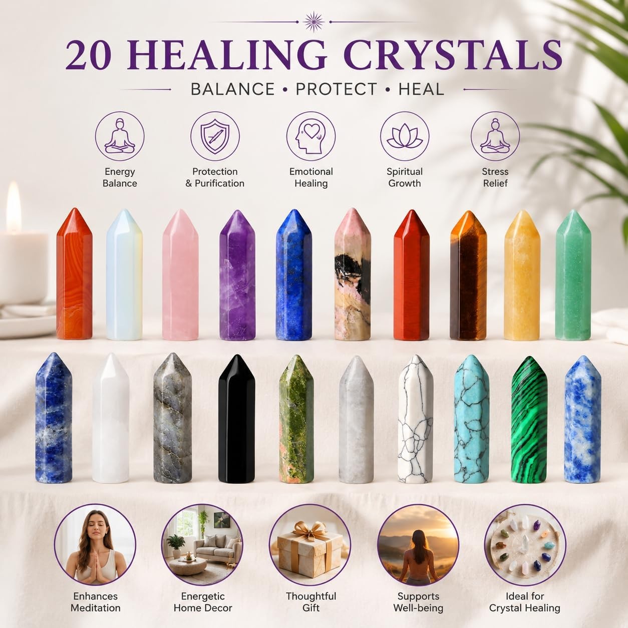 20 PCS Healing Crystals Stones Sets Wands Bulk Natural Pocket Amethyst Crystal